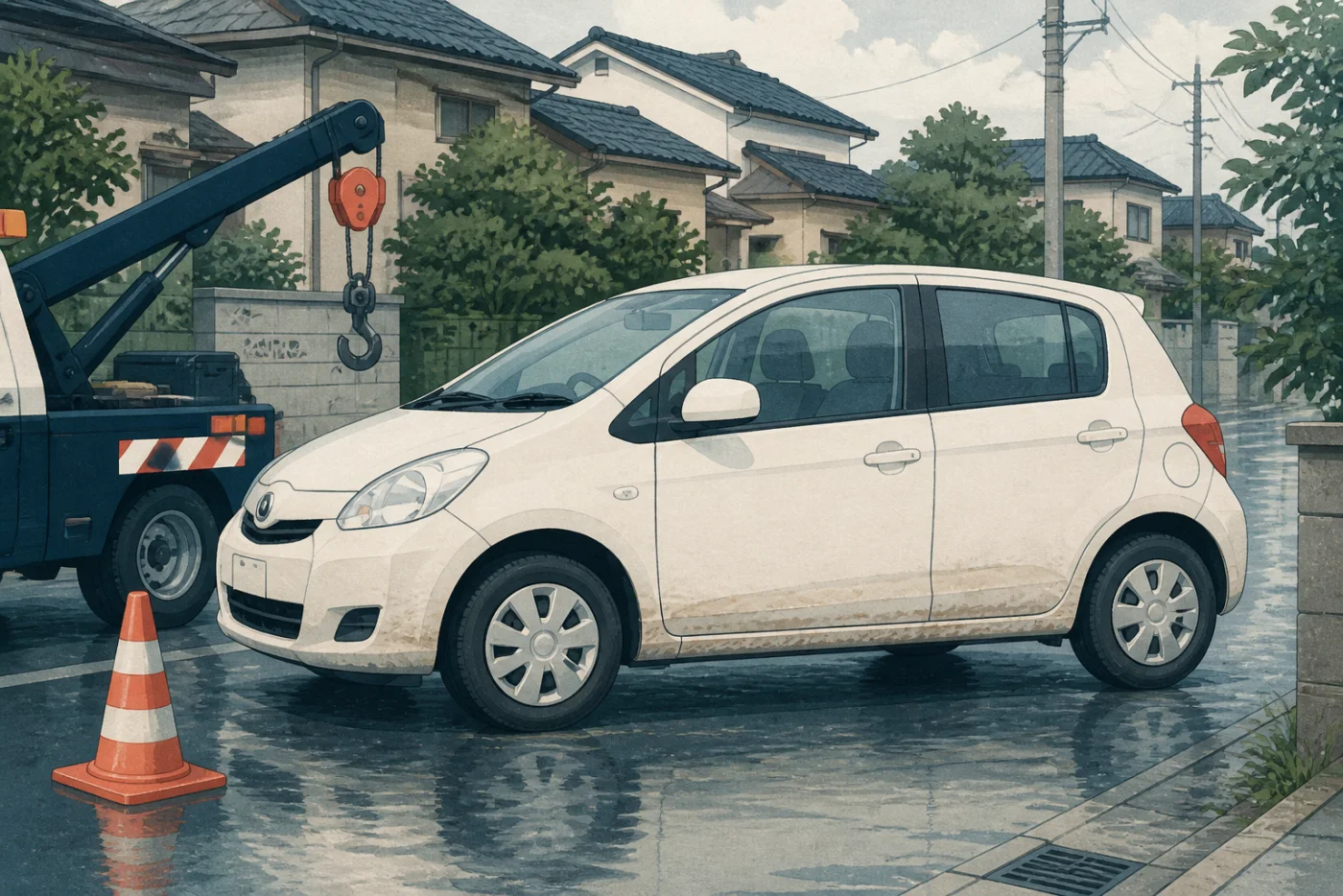水没車の引取相談を想定した車とレッカー車の再現イメージ